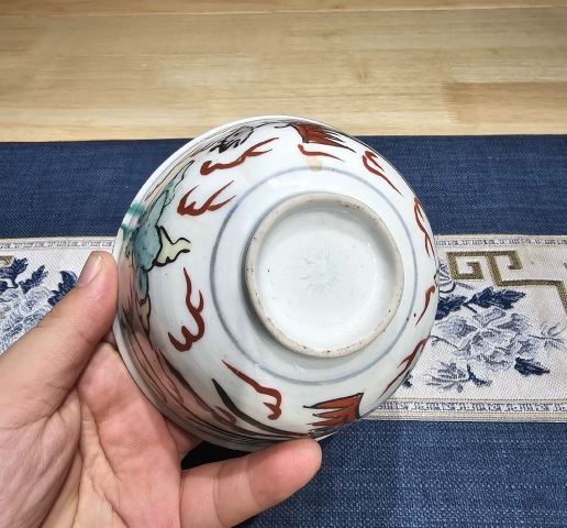 古玩陶瓷清中期紅綠彩鳳紋牡丹茶碗拍賣，當前價格390元