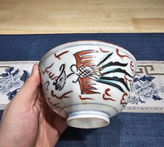 古玩陶瓷清中期紅綠彩鳳紋牡丹茶碗拍賣，當前價格390元