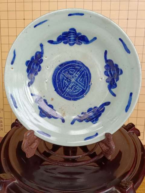 古玩陶瓷清中期.豆青釉青花五福同壽盤拍賣，當(dāng)前價(jià)格999元