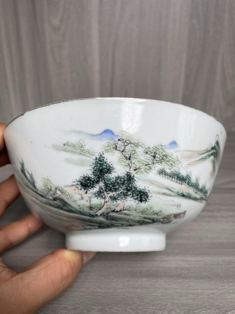 古玩陶瓷民國 定燒器 淺絳彩山水人物風(fēng)景紋碗拍賣,當(dāng)前價(jià)格1500元