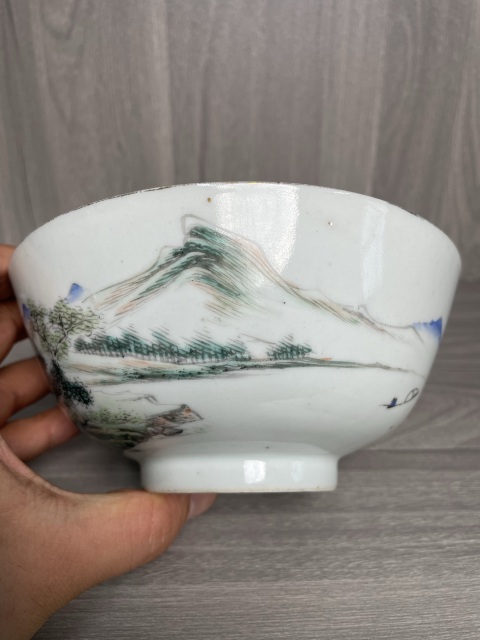 古玩陶瓷民國 定燒器 淺絳彩山水人物風(fēng)景紋碗拍賣,當(dāng)前價(jià)格1500元