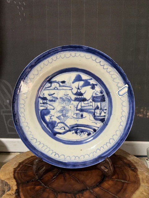 古玩陶瓷清中期樓臺亭閣山水紋青花盤拍賣，當前價格450元