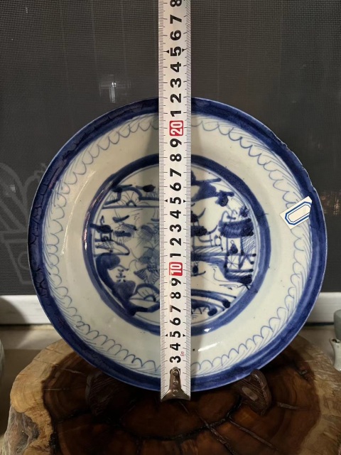 古玩陶瓷清中期樓臺亭閣山水紋青花盤拍賣，當前價格450元