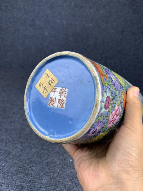 古玩陶瓷粉彩百花開光花鳥紋軟棒槌瓶拍賣，當前價格12800元