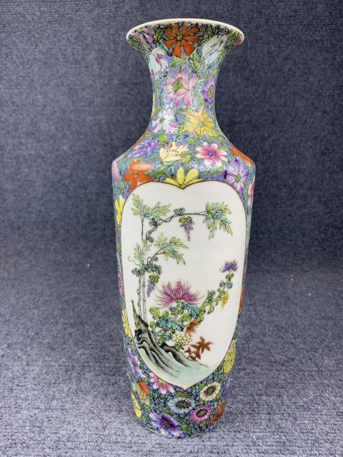 古玩陶瓷粉彩百花開光花鳥紋軟棒槌瓶拍賣，當前價格12800元