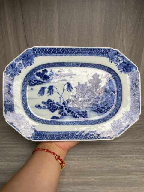 古玩陶瓷清乾隆 極品細路青花亭臺樓閣山水高士圖八方盤拍賣,當前價格2800元