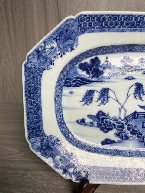古玩陶瓷清乾隆 極品細路青花亭臺樓閣山水高士圖八方盤拍賣,當前價格2800元