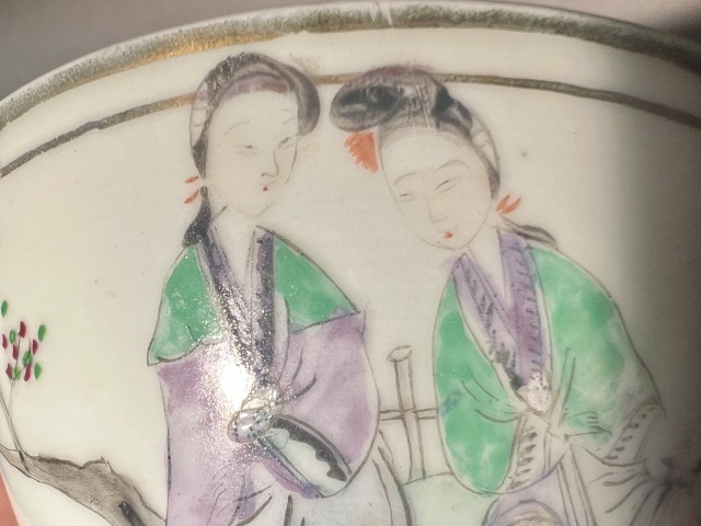 古玩陶瓷民國 粉彩江東二喬茶碗 全品拍賣,當前價格1080元