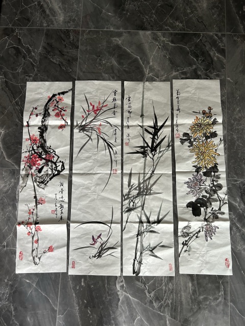 中国古美術★純手描き四条屏・梅兰竹菊画芯★国画・鄭板橋印款・肉筆・宣紙・带水印 中国古美術☆純手描き四条屏・梅兰竹菊画芯☆国画・鄭板橋印款