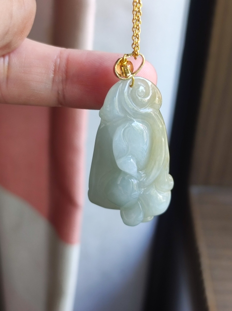 古玩玉器天然翡翠雕“靈芝如意”掛件拍賣，當前價格3600元