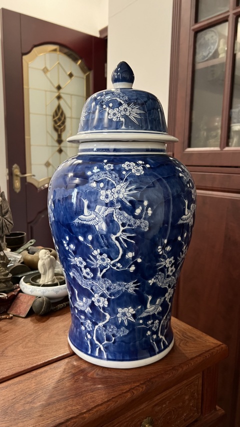 古玩陶瓷青花留白梅花松鶴將軍罐拍賣,當前價格980元