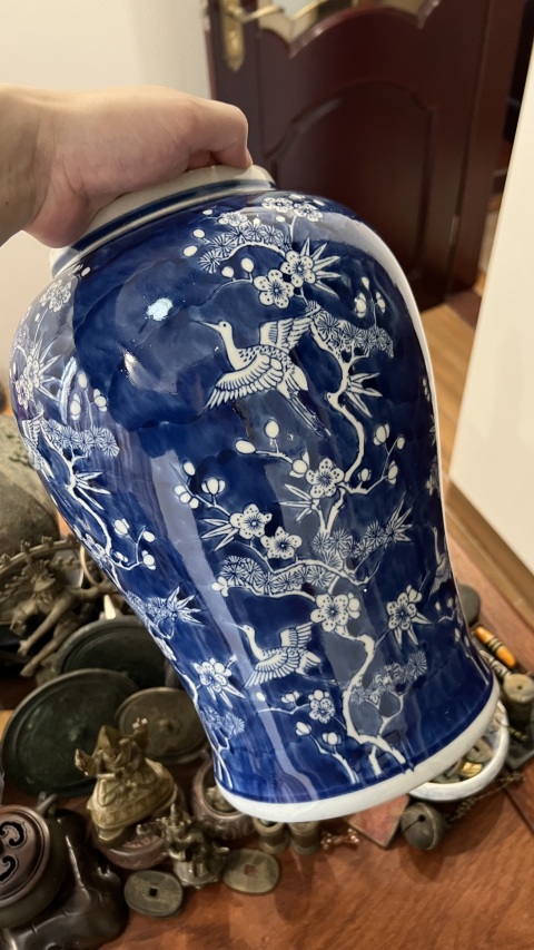 古玩陶瓷青花留白梅花松鶴將軍罐拍賣,當前價格980元