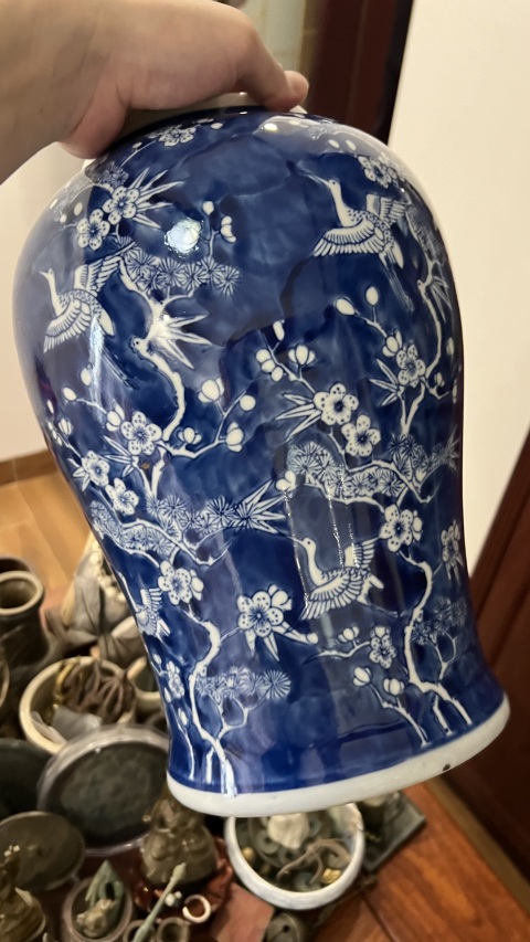 古玩陶瓷青花留白梅花松鶴將軍罐拍賣,當前價格980元