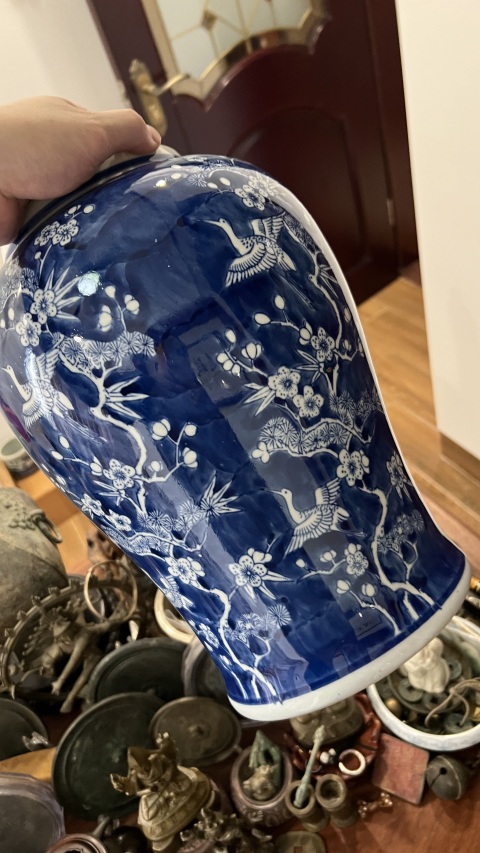 古玩陶瓷青花留白梅花松鶴將軍罐拍賣,當前價格980元