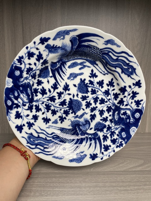 古玩陶瓷清晚·青花鳳凰牡丹紋花口盤真品鑒賞圖
