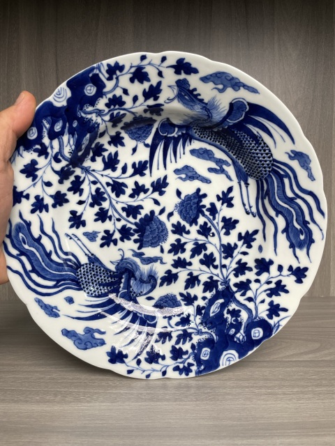 古玩陶瓷清晚·青花鳳凰牡丹紋花口盤真品鑒賞圖