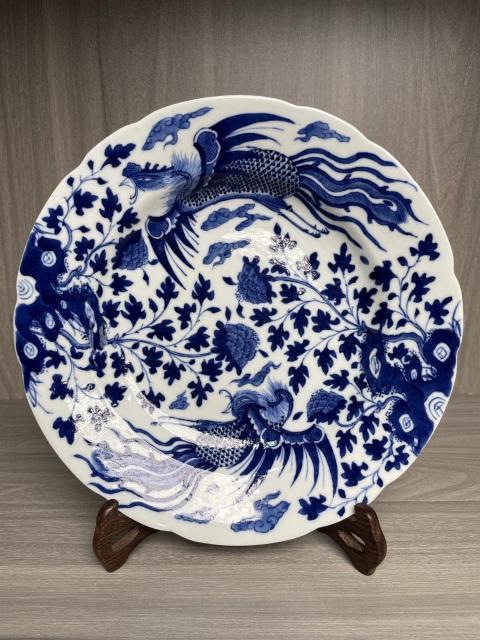 古玩陶瓷清晚·青花鳳凰牡丹紋花口盤真品鑒賞圖