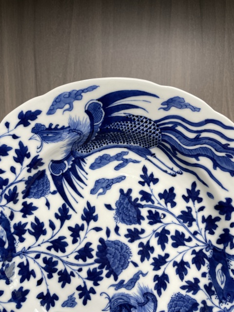 古玩陶瓷清晚·青花鳳凰牡丹紋花口盤真品鑒賞圖
