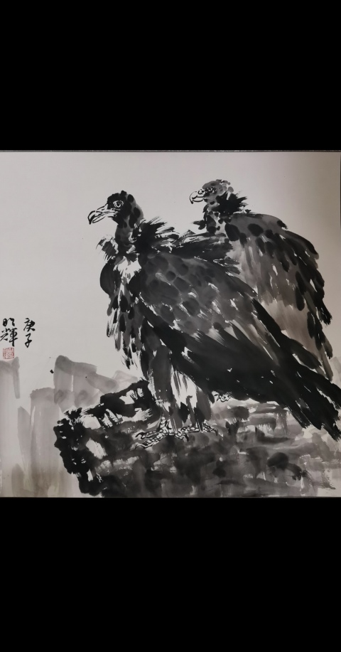 古玩字畫中美協(xié)云南會員八大山人再傳弟子胡明輝雙鷹圖拍賣,當前價格499元