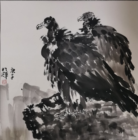 古玩字畫中美協(xié)云南會員八大山人再傳弟子胡明輝雙鷹圖拍賣,當前價格499元