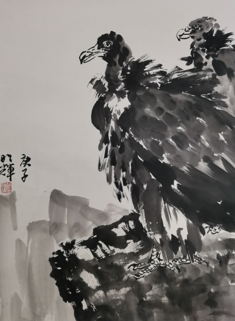 古玩字畫中美協(xié)云南會員八大山人再傳弟子胡明輝雙鷹圖拍賣,當前價格499元