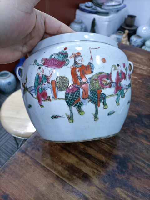 古玩陶瓷粉彩教子圖人物紋四系粥罐拍賣,當前價格1800元