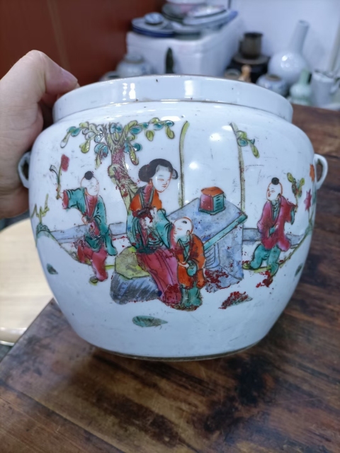 古玩陶瓷粉彩教子圖人物紋四系粥罐拍賣,當前價格1800元
