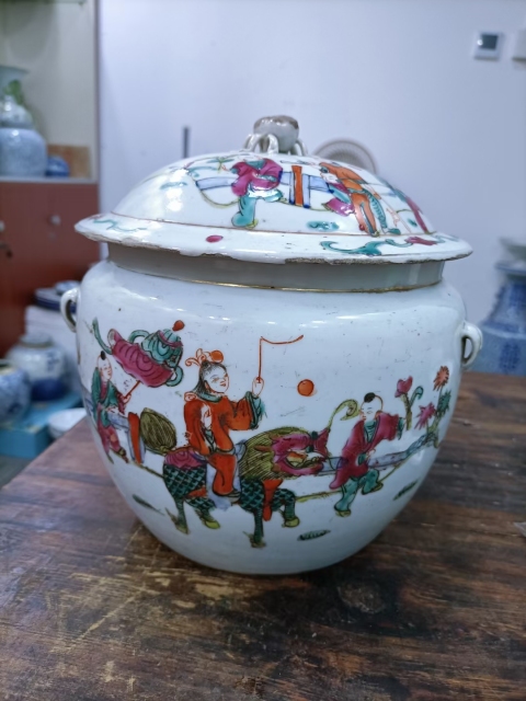 古玩陶瓷粉彩教子圖人物紋四系粥罐拍賣,當前價格1800元
