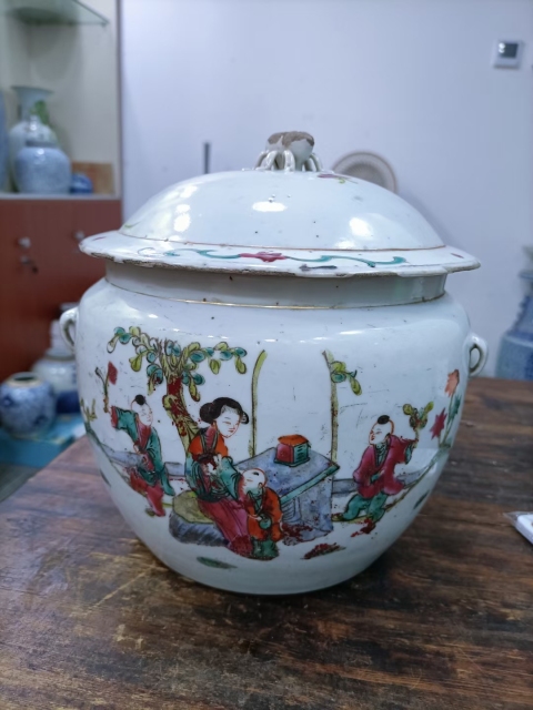 古玩陶瓷粉彩教子圖人物紋四系粥罐拍賣,當前價格1800元