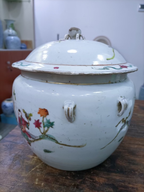 古玩陶瓷粉彩教子圖人物紋四系粥罐拍賣,當前價格1800元