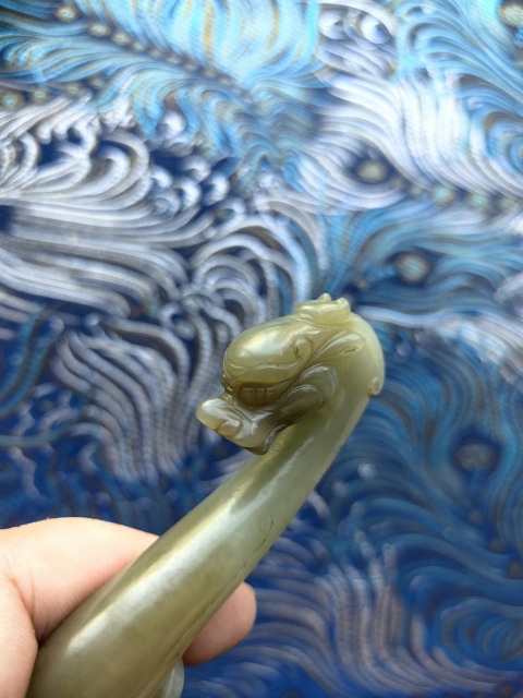 古玩雜項明代特殊龍紋—明末且末藍飛翼云龍紋帶鉤拍賣，當前價格18500元