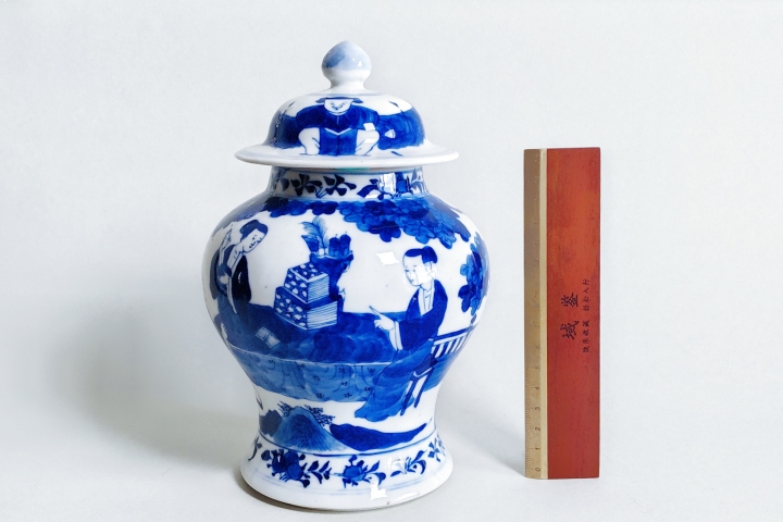 古玩陶瓷清晚期·青花三娘教子圖將軍罐拍賣，當前價格4980元