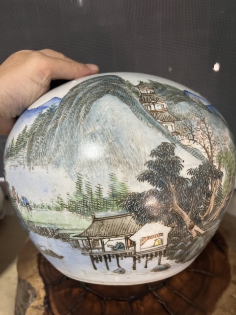 古玩陶瓷淺降山水人物西瓜罐拍賣，當(dāng)前價格8500元