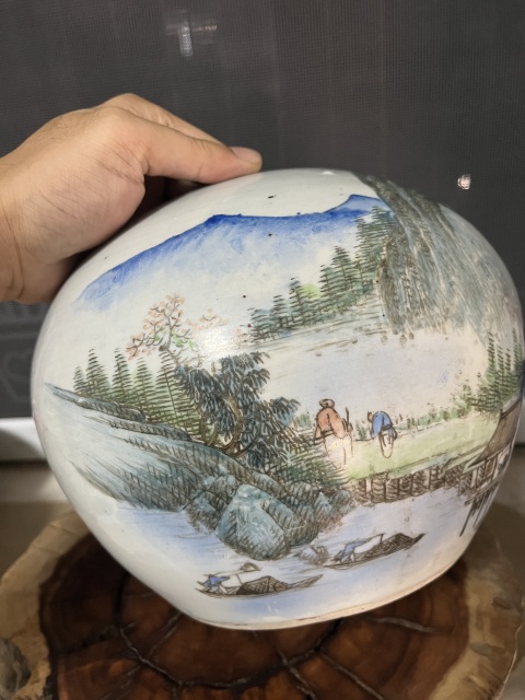 古玩陶瓷淺降山水人物西瓜罐拍賣，當(dāng)前價格8500元