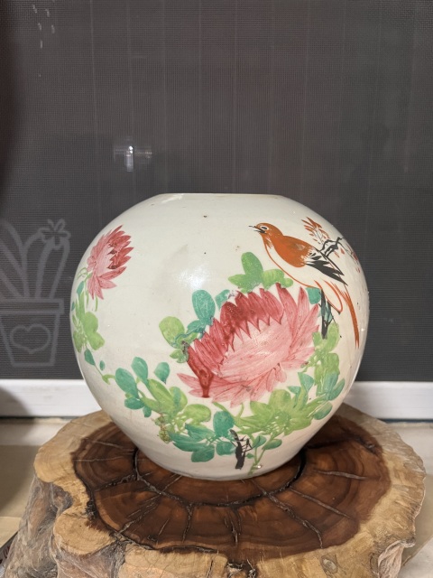 古玩陶瓷民國淺絳彩花鳥紋西瓜罐拍賣，當前價格0元