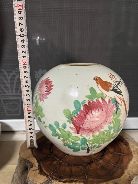 古玩陶瓷民國淺絳彩花鳥紋西瓜罐拍賣，當前價格0元