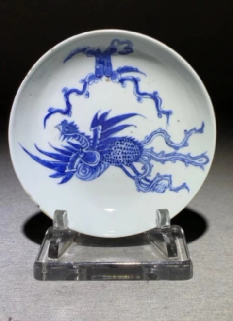 古玩陶瓷清晚期內府款鳳紋青花盤拍賣，當前價格800元