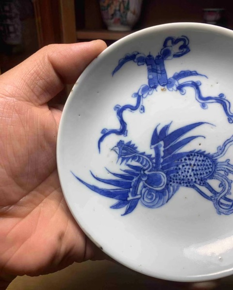 古玩陶瓷清晚期內府款鳳紋青花盤拍賣，當前價格800元