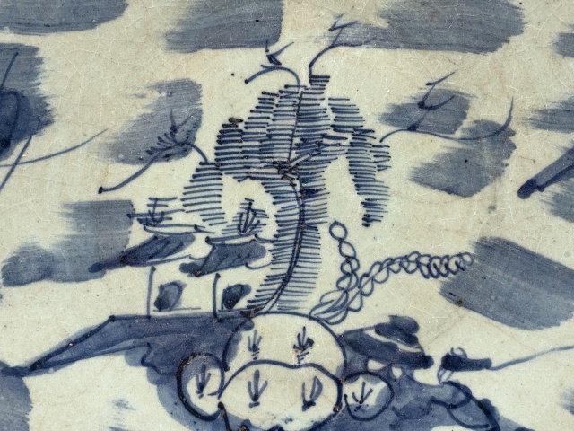古玩陶瓷清中期·豆青釉青花山水紋盤拍賣，當前價格1188元