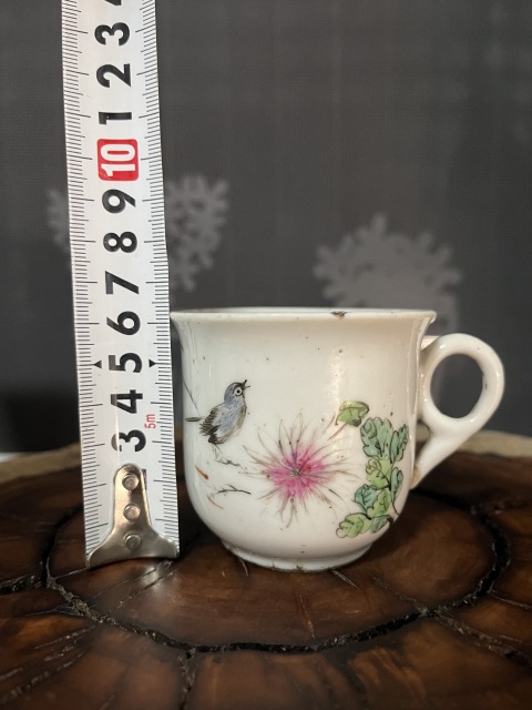 古玩陶瓷民國粉彩花鳥紋把杯拍賣，當前價格268元