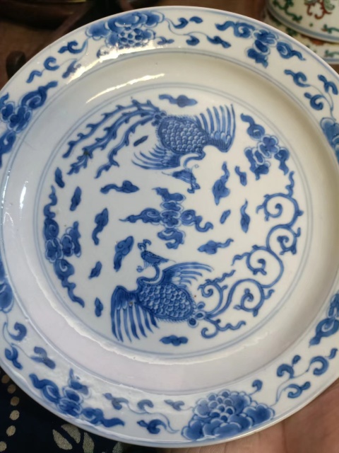 古玩陶瓷大明成化年制款青花鳳紋盤拍賣，當前價格8888元