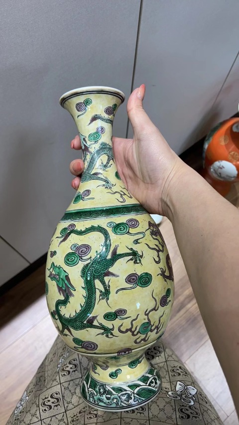 古玩陶瓷米黃釉素三彩五龍圖玉壺春瓶拍賣,當前價格16800元