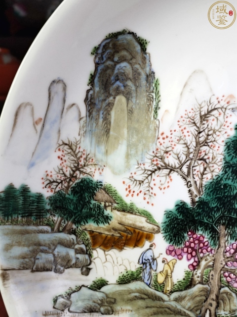 古玩陶瓷細路粉彩亭臺樓閣山水高士人物盤拍賣，當前價格15800元