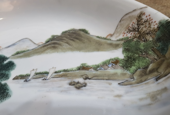 古玩陶瓷細路粉彩亭臺樓閣山水高士人物盤拍賣，當前價格15800元