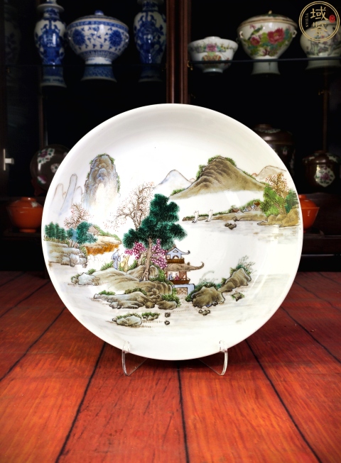 古玩陶瓷細路粉彩亭臺樓閣山水高士人物盤拍賣，當前價格15800元