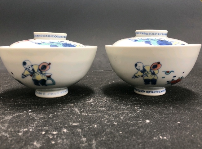 古玩陶瓷保真一對 斗彩嬰戲圖蓋碗拍賣，當前價格5680元