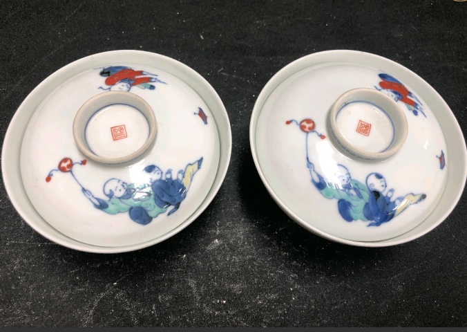 古玩陶瓷保真一對 斗彩嬰戲圖蓋碗拍賣，當前價格5680元