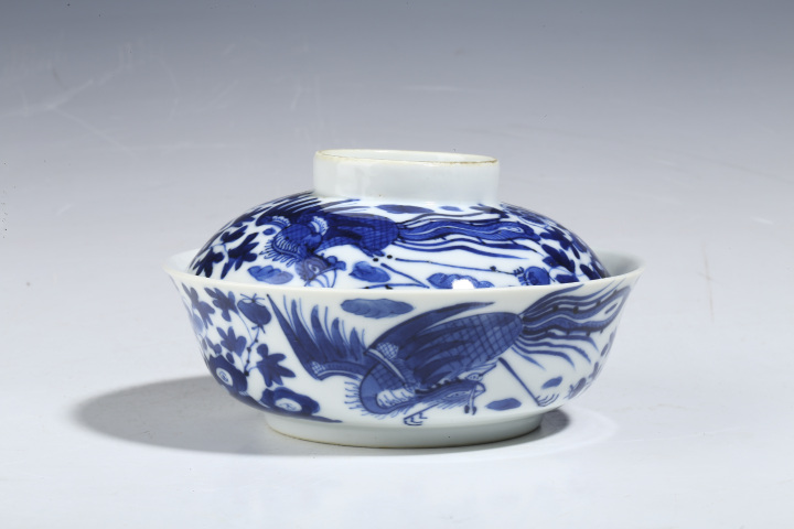 古玩陶瓷晚清·青花鳳穿牡丹紋蓋碗拍賣，當前價格3280元