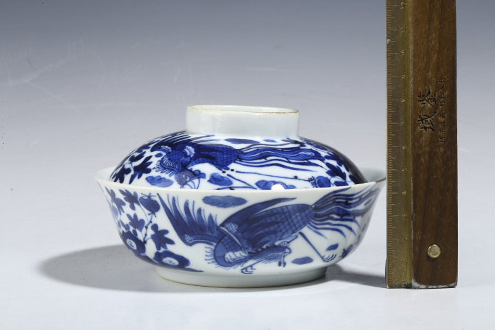 古玩陶瓷晚清·青花鳳穿牡丹紋蓋碗拍賣，當前價格3280元