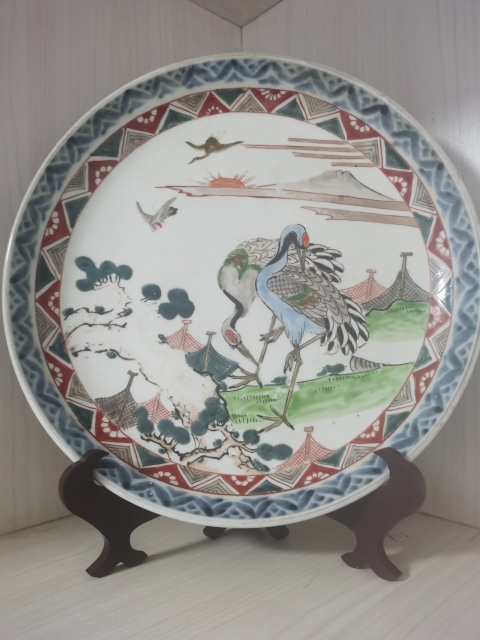 古玩陶瓷鶴紋青花加彩盤拍賣,當前價格518元